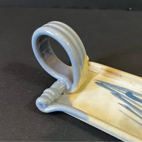 Art Pottery Butter Stick Dish Tray Handled Glazed Rolled Loop Incense Pottery - Picture 2 of 12